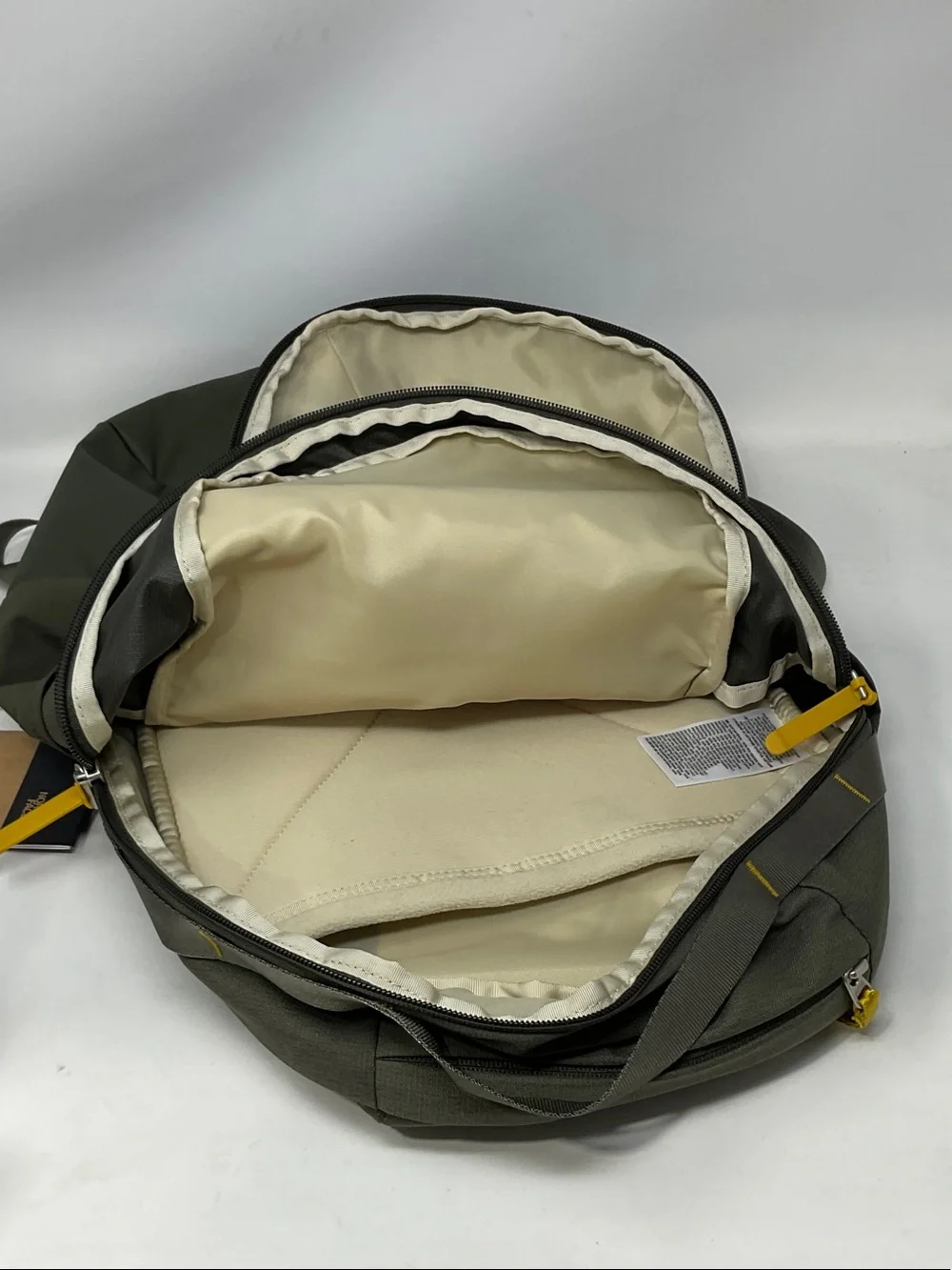 The North Face Isabella 3 Olive Green Backpack with Yellow Pull Tabs